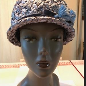 60's Baby blue cellophane straw cloche with a tassel hatband